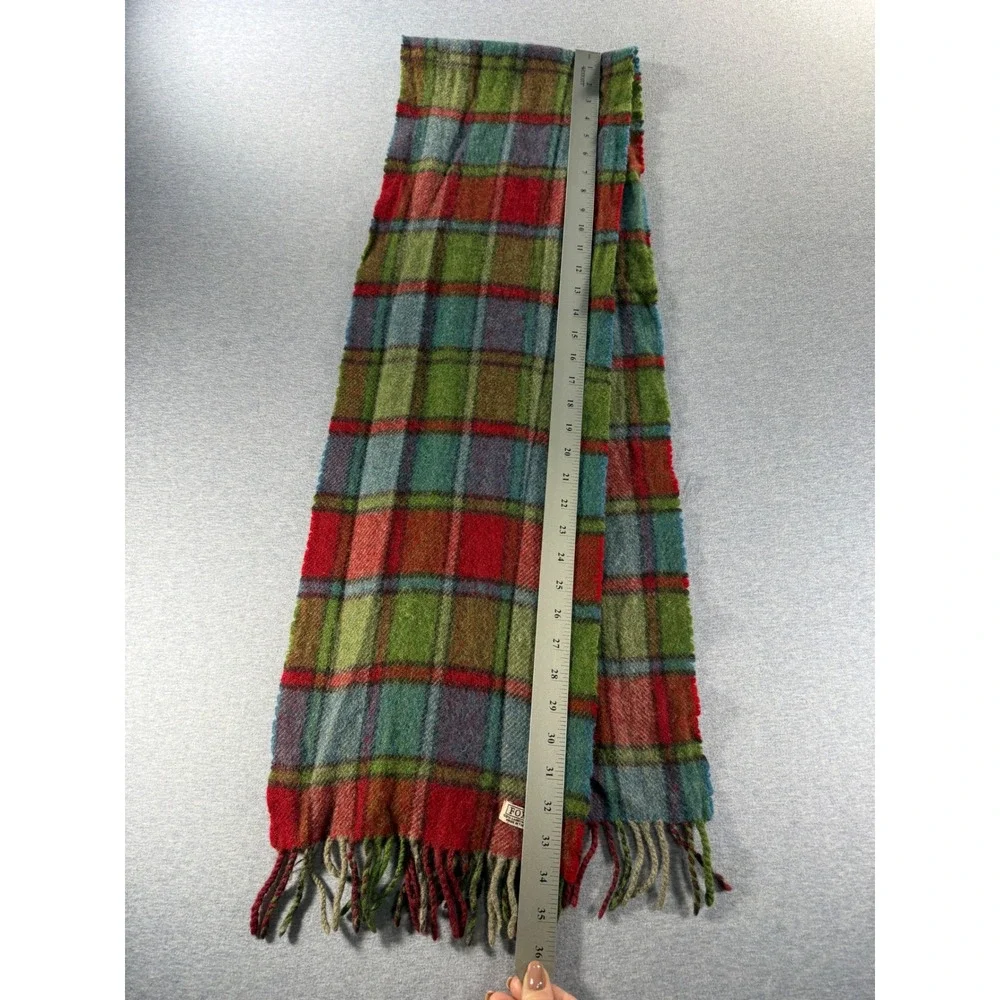 Foxford Ireland 100% Lambswool Scarf Plaid Green Red Blue Fringed Irish Made